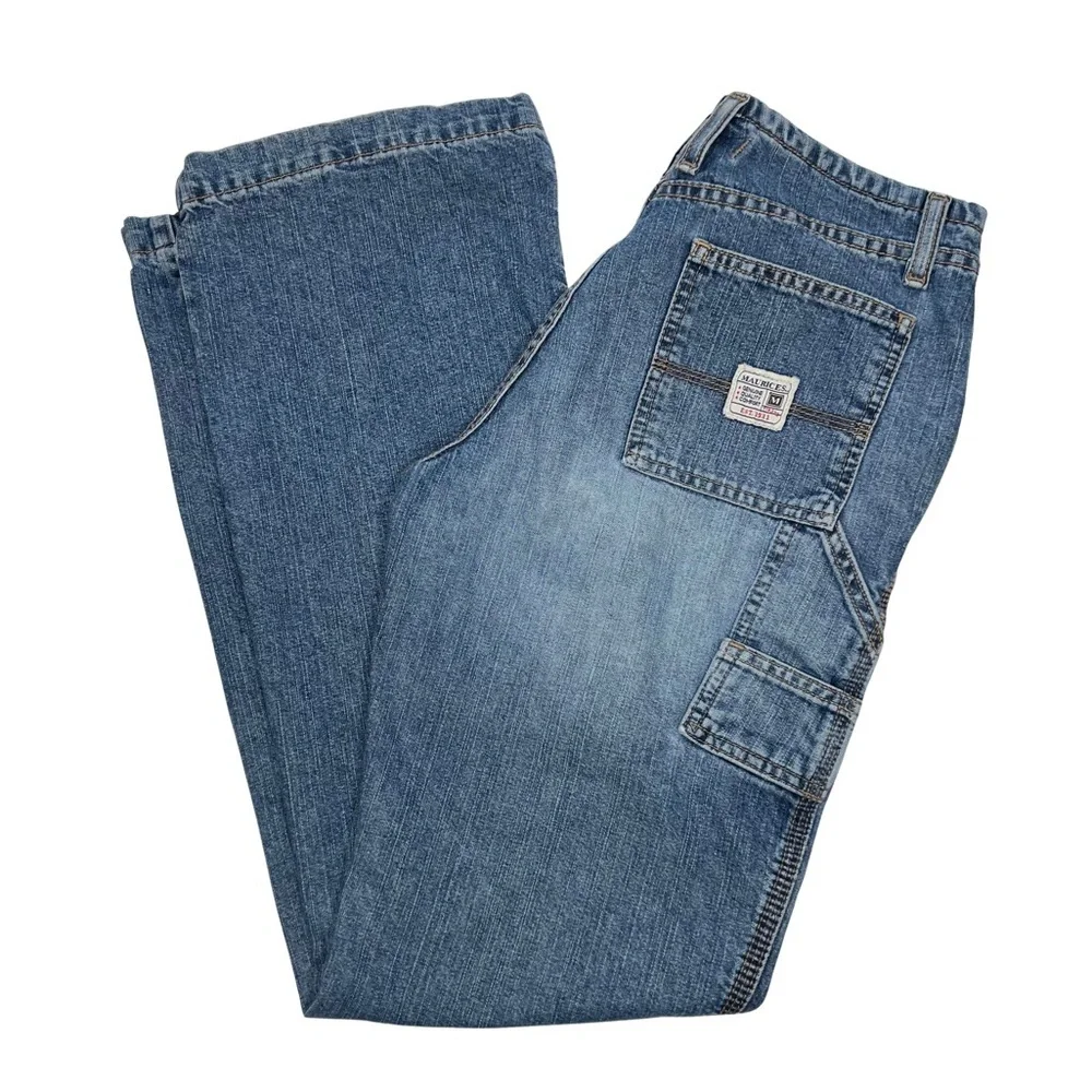 Maurices Straight Jeans Carpenter Mid Rise Utility Distressed Denim Blue 3/4 - Picture 17 of 17